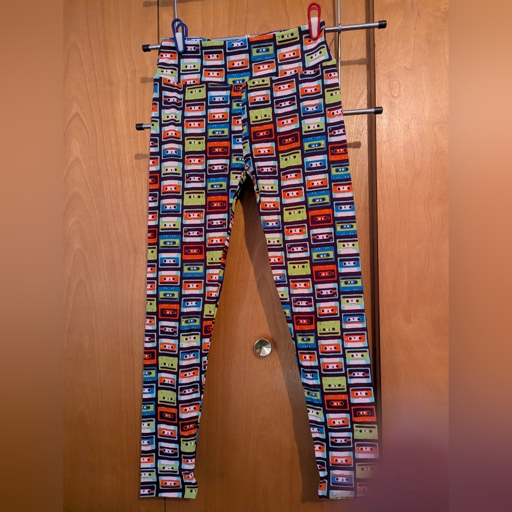 LuLaRoe OS Purple Multi-colored Cassette Tapes Patterned Leggings
